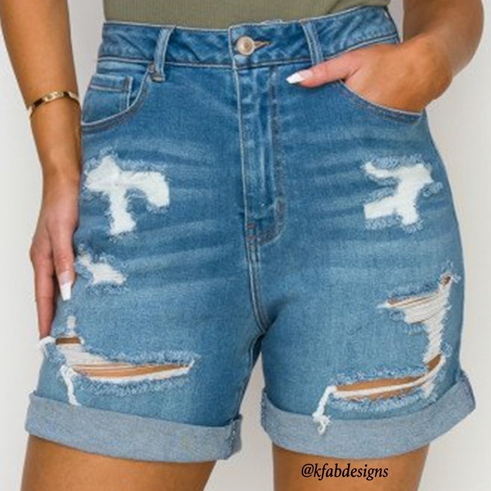 Soft, Stretchy Hi Rise Relaxed Fit Distressed Mom Shorts with Cuffs! - Picture 3 of 5